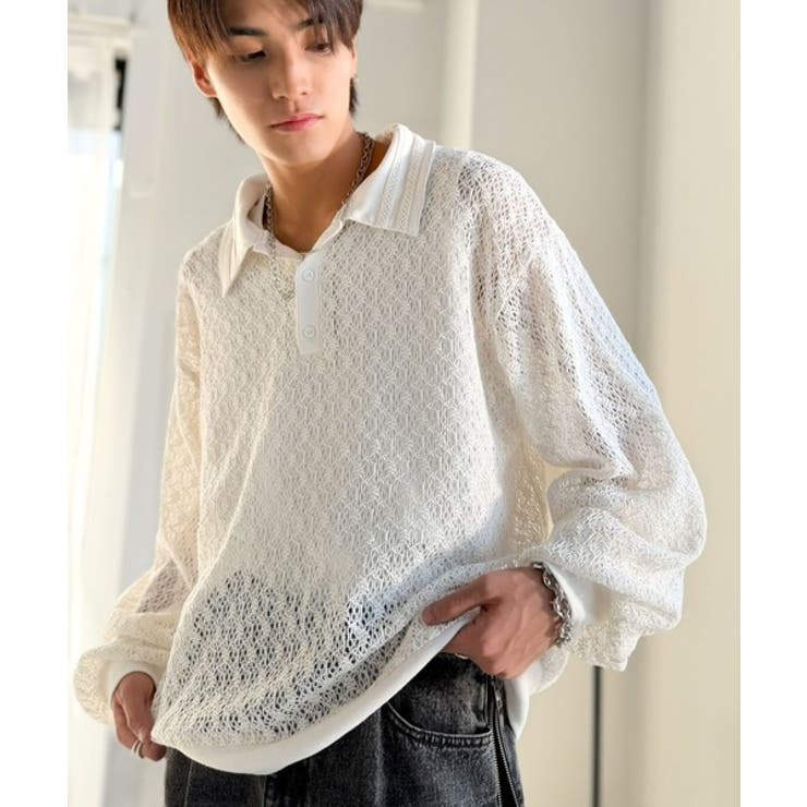 「透け感、モードの余韻。」衿ダブルライン使いレース柄ニットポロシャツ Doubl… | Classical Elf Men | 詳細画像2 