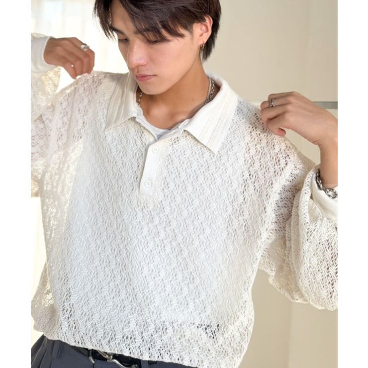 「透け感、モードの余韻。」衿ダブルライン使いレース柄ニットポロシャツ Doubl… | Classical Elf Men | 詳細画像3 
