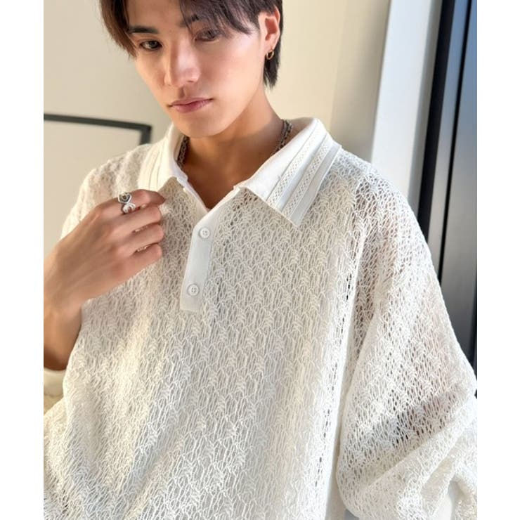 「透け感、モードの余韻。」衿ダブルライン使いレース柄ニットポロシャツ Doubl… | Classical Elf Men | 詳細画像4 