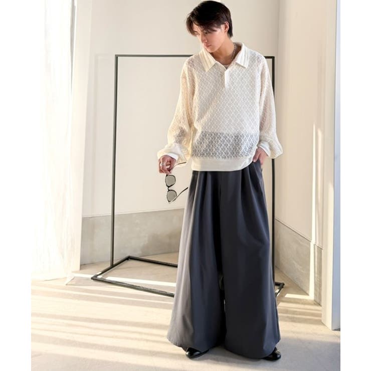 「透け感、モードの余韻。」衿ダブルライン使いレース柄ニットポロシャツ Doubl… | Classical Elf Men | 詳細画像5 