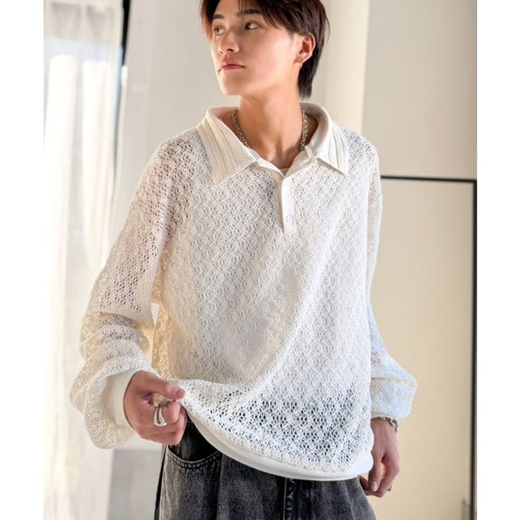 「透け感、モードの余韻。」衿ダブルライン使いレース柄ニットポロシャツ Doubl… | Classical Elf Men | 詳細画像6 