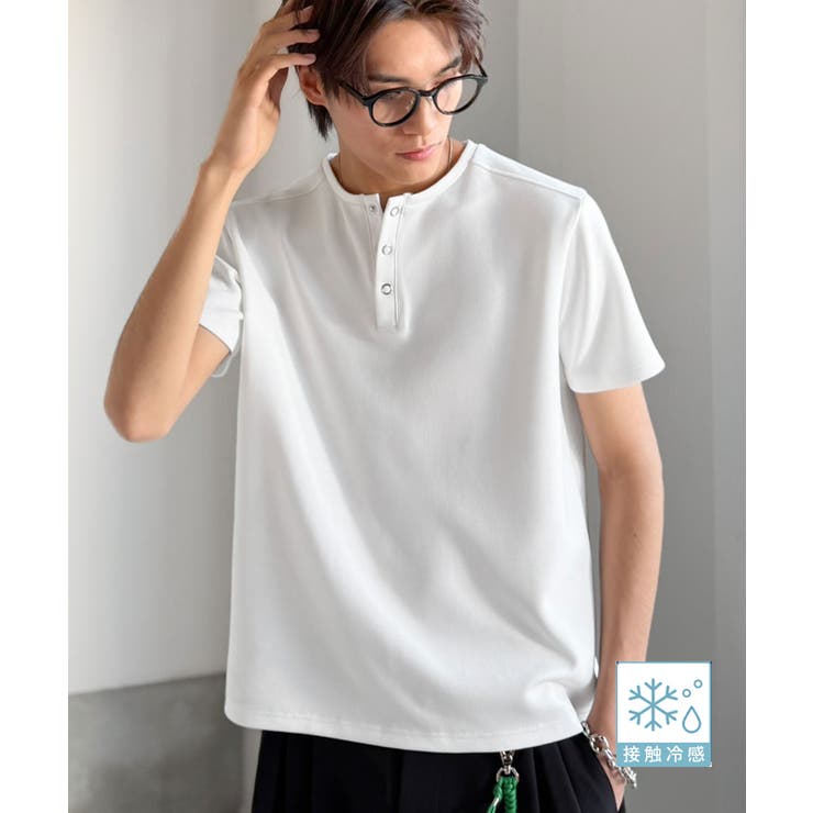 ホワイト | 【接触冷感機能付き】肩切り替えショート丈ダンボール素材ヘンリーネックTシャツ S… | Classical Elf Men