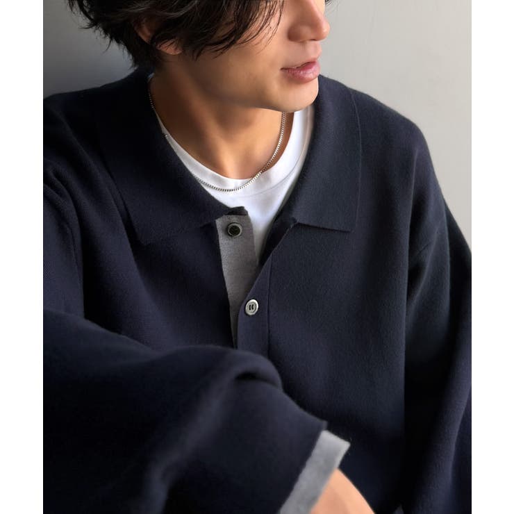 ネイビー | きちんと感に、差し色の遊び心を。ミラノリブ配色ニットシャツ MILANO RIB | Classical Elf Men