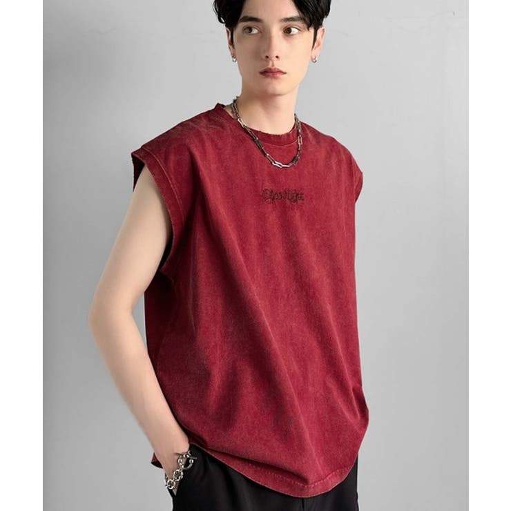 レッド | 紐刺繍スノーウォッシュ加工ノースリーブTシャツ String Embroider… | Classical Elf Men