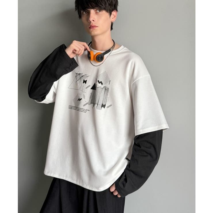 ホワイト | 【Classical Origin】幾何学柄ポンチ素材レイヤードTシャツ(長袖)… | Classical Elf Men