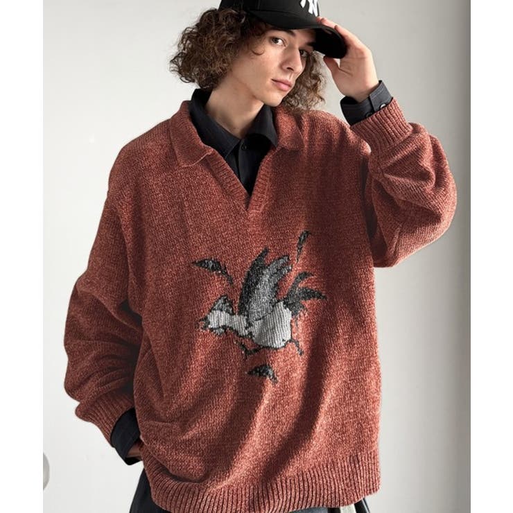 「個性で遊ぶ。」モール糸使いルースター柄襟付きVネックセーター Chenille | Classical Elf Men | 詳細画像8 