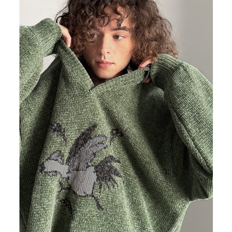 「個性で遊ぶ。」モール糸使いルースター柄襟付きVネックセーター Chenille | Classical Elf Men | 詳細画像10 