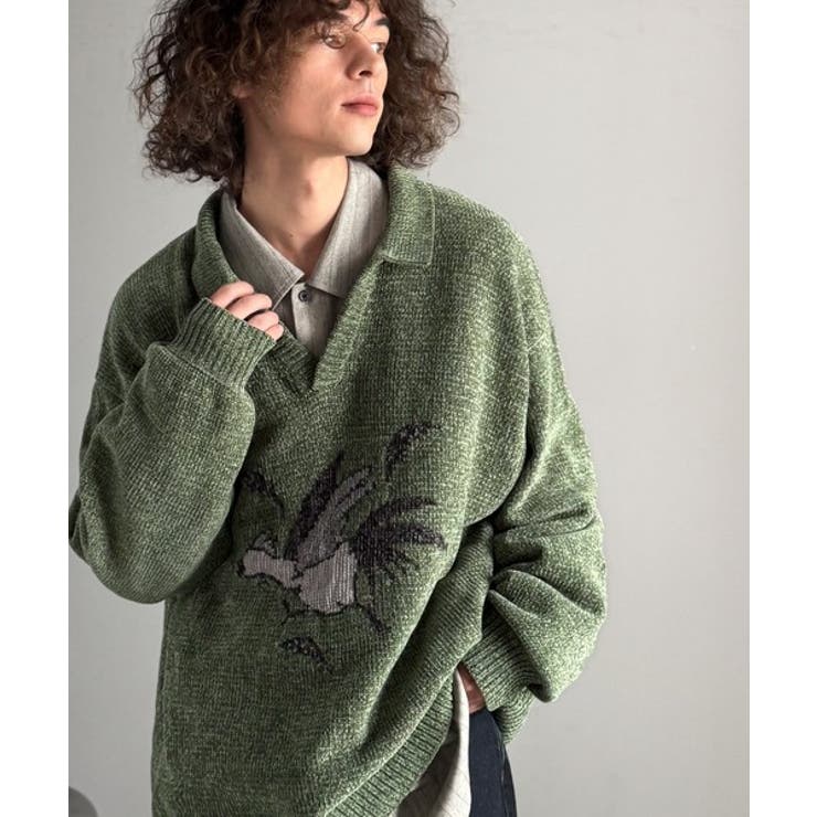 「個性で遊ぶ。」モール糸使いルースター柄襟付きVネックセーター Chenille | Classical Elf Men | 詳細画像11 