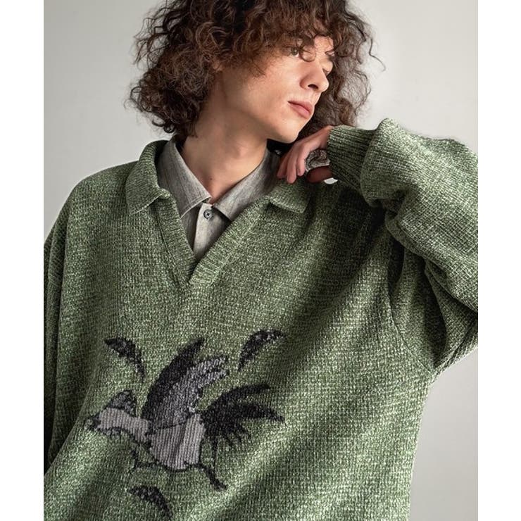 「個性で遊ぶ。」モール糸使いルースター柄襟付きVネックセーター Chenille | Classical Elf Men | 詳細画像12 