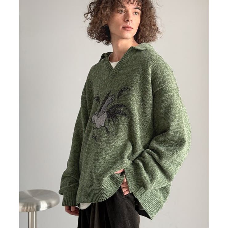 「個性で遊ぶ。」モール糸使いルースター柄襟付きVネックセーター Chenille | Classical Elf Men | 詳細画像14 