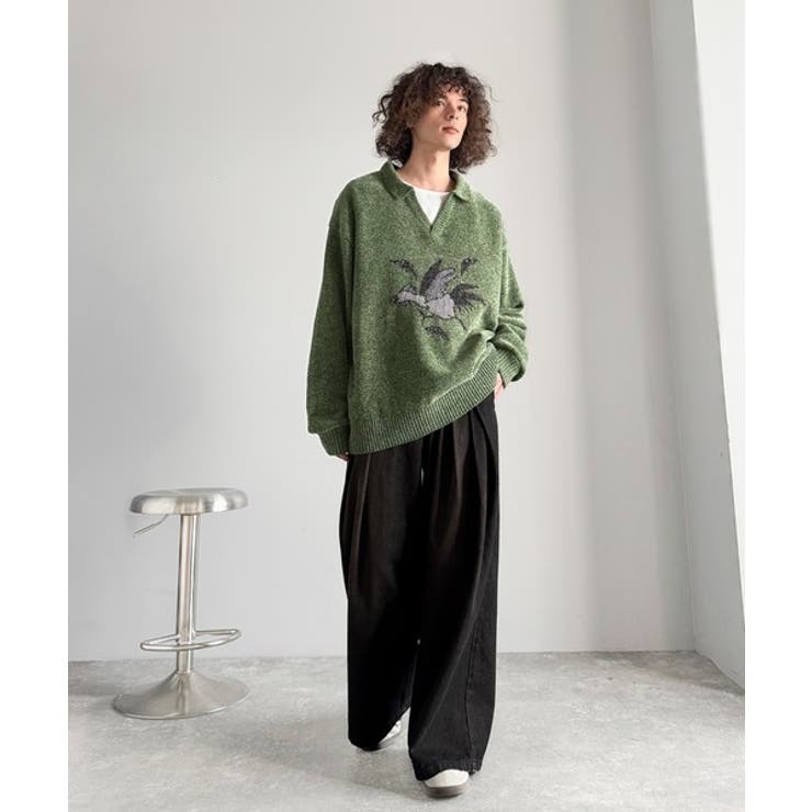 「個性で遊ぶ。」モール糸使いルースター柄襟付きVネックセーター Chenille | Classical Elf Men | 詳細画像15 