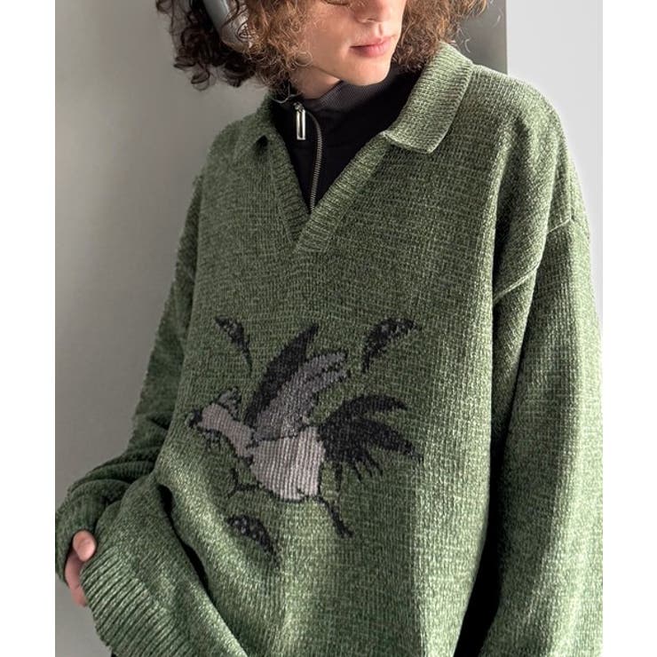 「個性で遊ぶ。」モール糸使いルースター柄襟付きVネックセーター Chenille | Classical Elf Men | 詳細画像16 