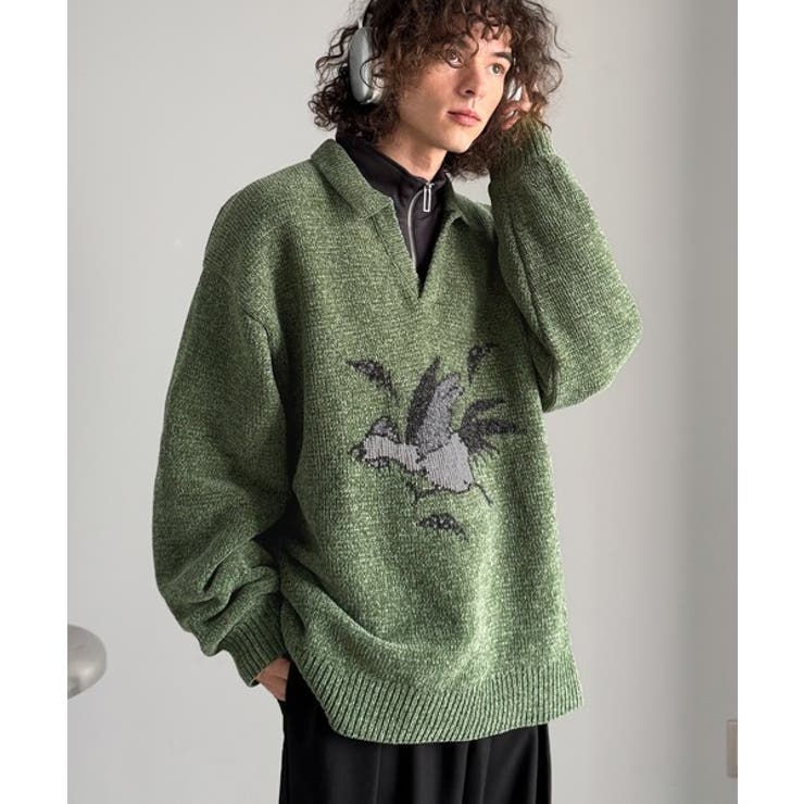 「個性で遊ぶ。」モール糸使いルースター柄襟付きVネックセーター Chenille | Classical Elf Men | 詳細画像17 