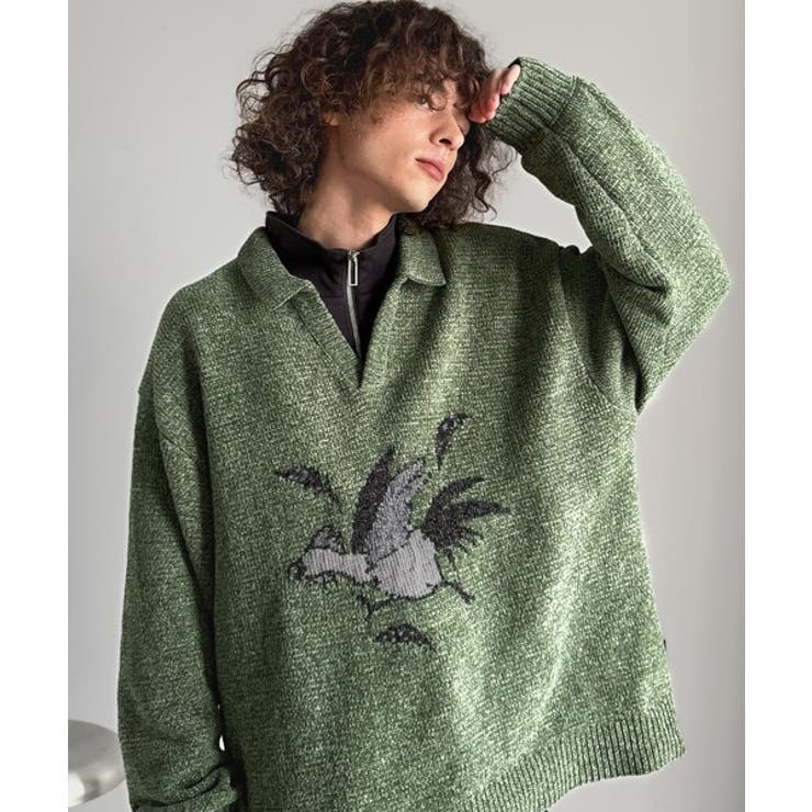 「個性で遊ぶ。」モール糸使いルースター柄襟付きVネックセーター Chenille | Classical Elf Men | 詳細画像18 