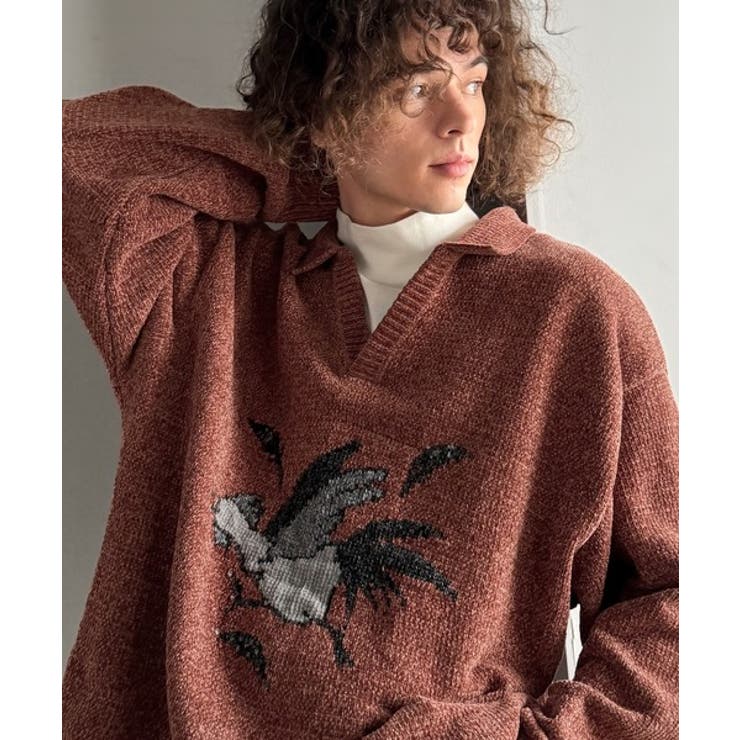 「個性で遊ぶ。」モール糸使いルースター柄襟付きVネックセーター Chenille | Classical Elf Men | 詳細画像1 