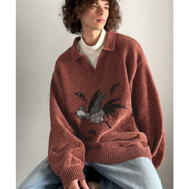 「個性で遊ぶ。」モール糸使いルースター柄襟付きVネックセーター Chenille | Classical Elf Men | 詳細画像2 