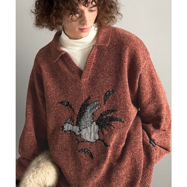 「個性で遊ぶ。」モール糸使いルースター柄襟付きVネックセーター Chenille | Classical Elf Men | 詳細画像3 