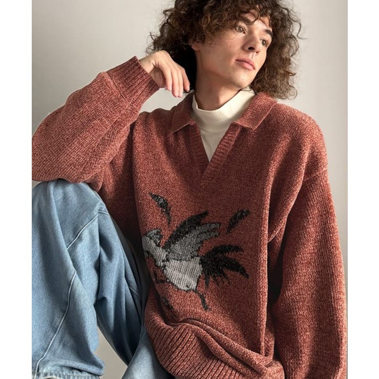 「個性で遊ぶ。」モール糸使いルースター柄襟付きVネックセーター Chenille | Classical Elf Men | 詳細画像4 