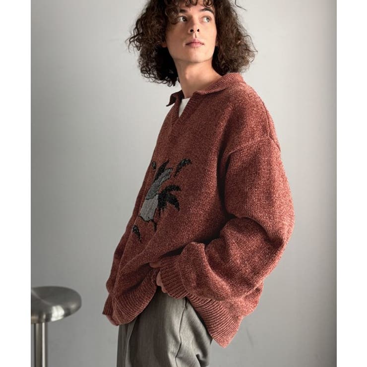 「個性で遊ぶ。」モール糸使いルースター柄襟付きVネックセーター Chenille | Classical Elf Men | 詳細画像5 