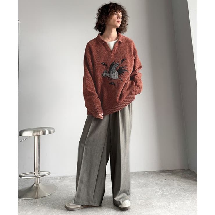 「個性で遊ぶ。」モール糸使いルースター柄襟付きVネックセーター Chenille | Classical Elf Men | 詳細画像6 