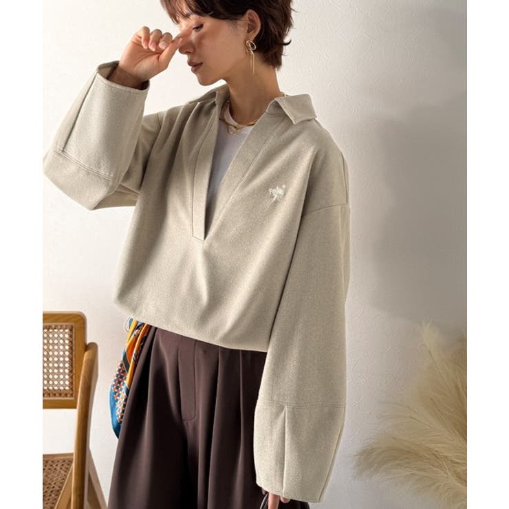 ベージュ | 優しい温もり、上品見え。圧縮ニット襟付きキーネックプルオーバー | Classical Elf 