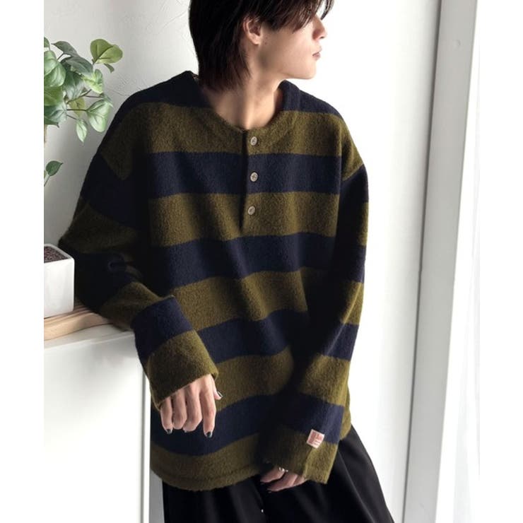 カーキ×ネイビー | クラシカル×モダンな一枚。ラガーデザインリラックスニット | Classical Elf Men