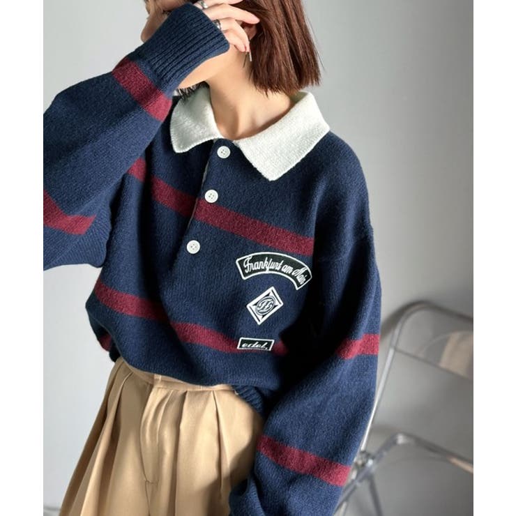 ネイビー | 《JaVaジャバコラボ》ワッペンデザインラガーポロニット（長袖） | Classical Elf Men