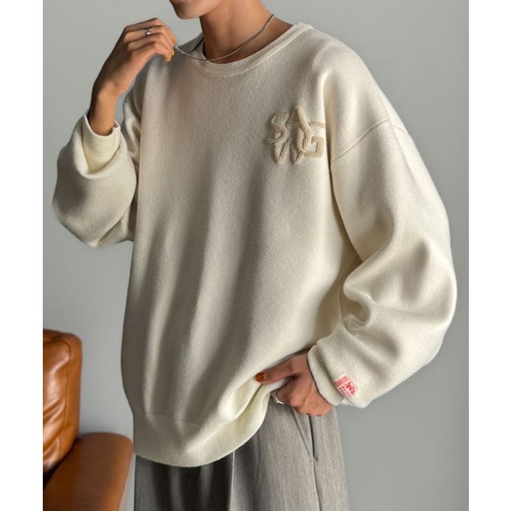 《JaVaジャバコラボ》立体編みで飾る個性。サガラ刺繍風ロゴオーバーサイズニット | Classical Elf Men | 詳細画像1 