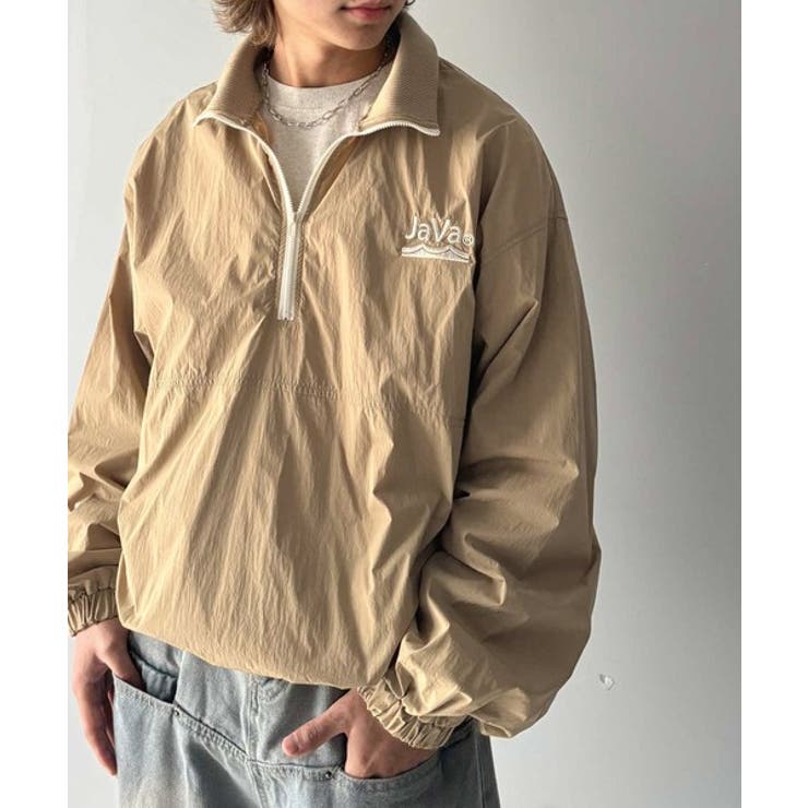 JaVa ジャバコラボ》胸刺繍入り配色ナイロンハーフジップジャケット
