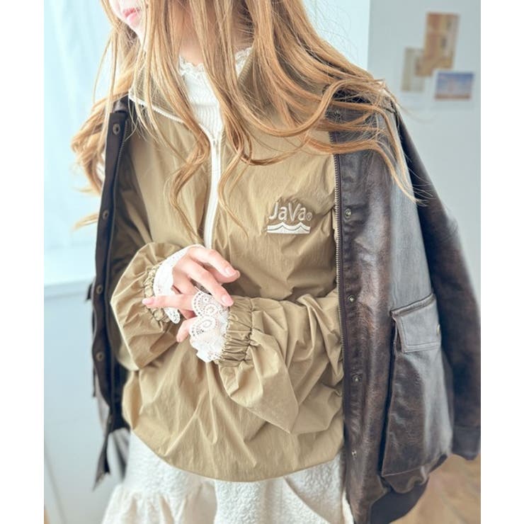 JaVa ジャバコラボ》胸刺繍入り配色ナイロンハーフジップジャケット