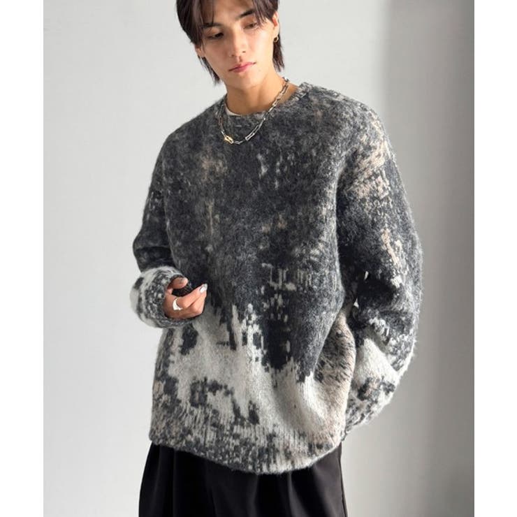 チャコール | 《JaVaジャバコラボ》視線を釘付け。アブストラクト柄ニットプルオーバー（長袖） | Classical Elf Men