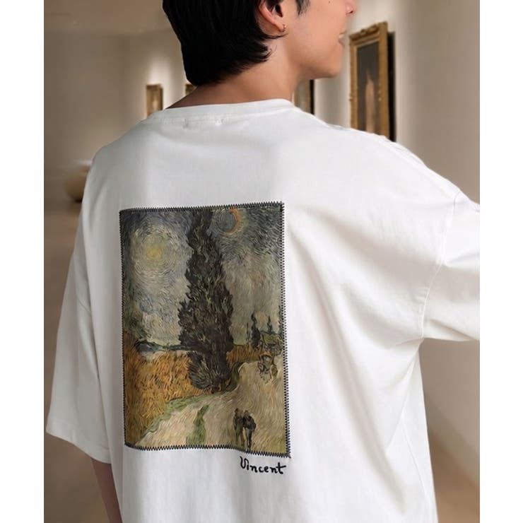 Bホワイト | 《ゴッホ絵画グラフィック》ステッチ刺繍MIXデザイン 高機能半袖Tシャツ【接触冷… | Classical Elf Men