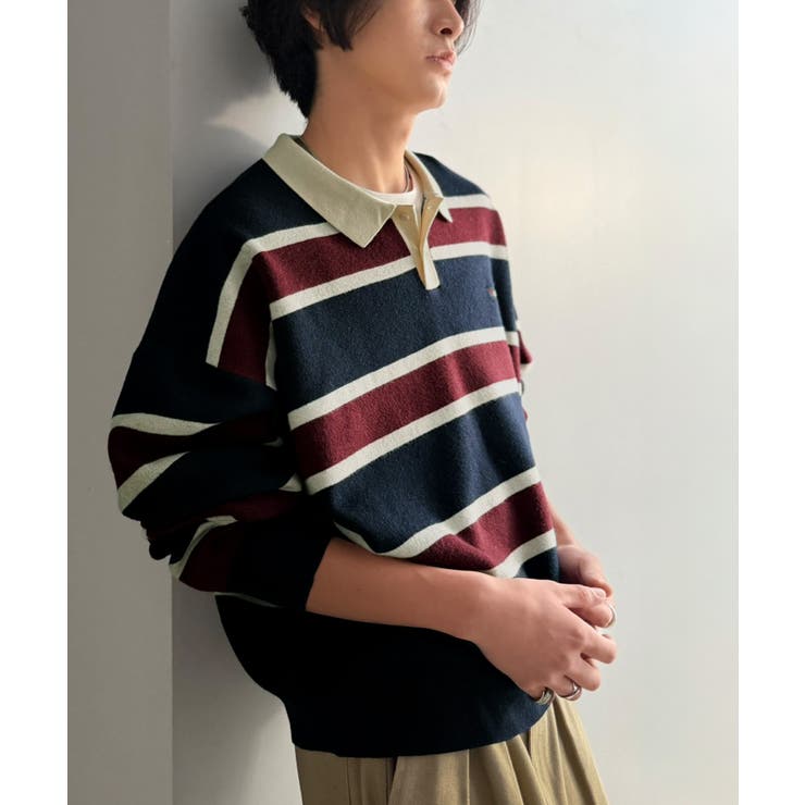 《JaVaジャバコラボ》1枚で洗練された大人の余裕を演出。配色ボーダー柄ポロ襟ス… | Classical Elf Men | 詳細画像16 