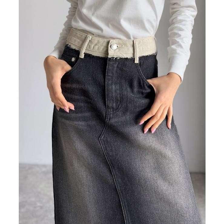 ブラック | 上品見えする大人のデニム。ウエスト異素材切り替え 裾カットオフ デニムスカート | Classical Elf 