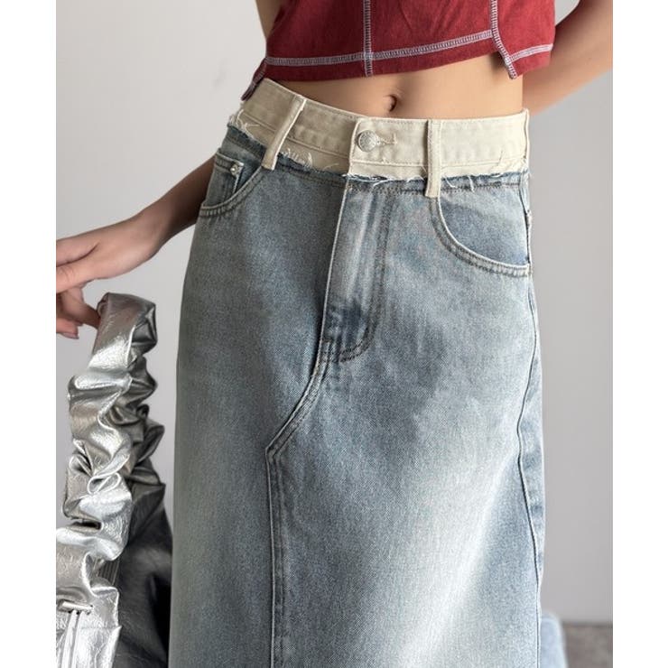 上品見えする大人のデニム。ウエスト異素材切り替え 裾カットオフ デニムスカート | Classical Elf  | 詳細画像12 