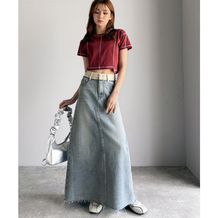 上品見えする大人のデニム。ウエスト異素材切り替え 裾カットオフ デニムスカート | Classical Elf  | 詳細画像13 