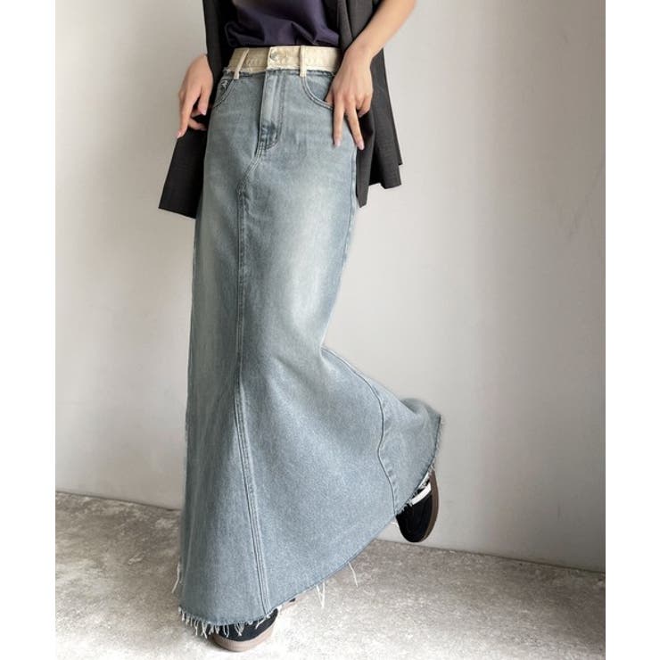 上品見えする大人のデニム。ウエスト異素材切り替え 裾カットオフ デニムスカート | Classical Elf  | 詳細画像15 