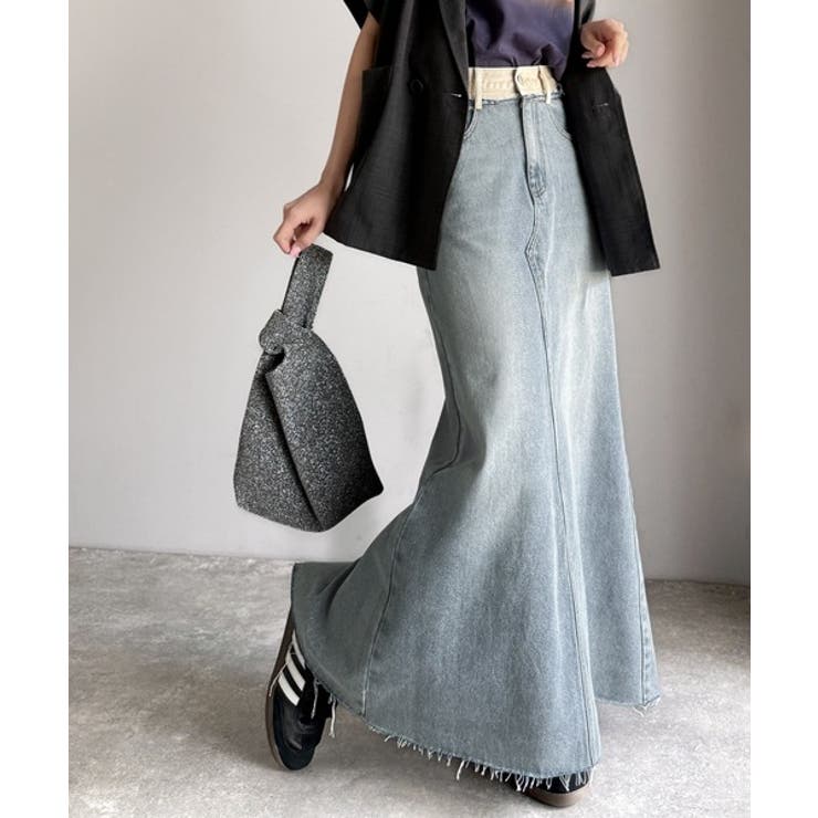 上品見えする大人のデニム。ウエスト異素材切り替え 裾カットオフ デニムスカート | Classical Elf  | 詳細画像16 