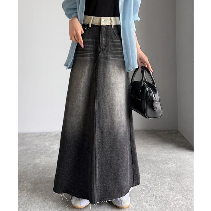 上品見えする大人のデニム。ウエスト異素材切り替え 裾カットオフ デニムスカート | Classical Elf  | 詳細画像1 