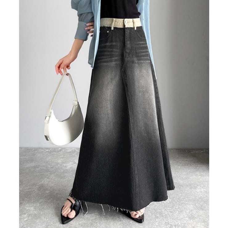 上品見えする大人のデニム。ウエスト異素材切り替え 裾カットオフ デニムスカート | Classical Elf  | 詳細画像2 