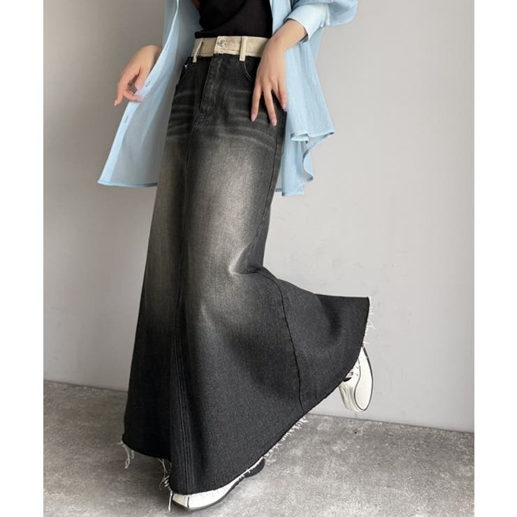 上品見えする大人のデニム。ウエスト異素材切り替え 裾カットオフ デニムスカート | Classical Elf  | 詳細画像4 