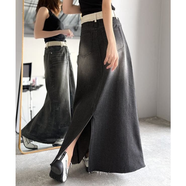 上品見えする大人のデニム。ウエスト異素材切り替え 裾カットオフ デニムスカート | Classical Elf  | 詳細画像5 