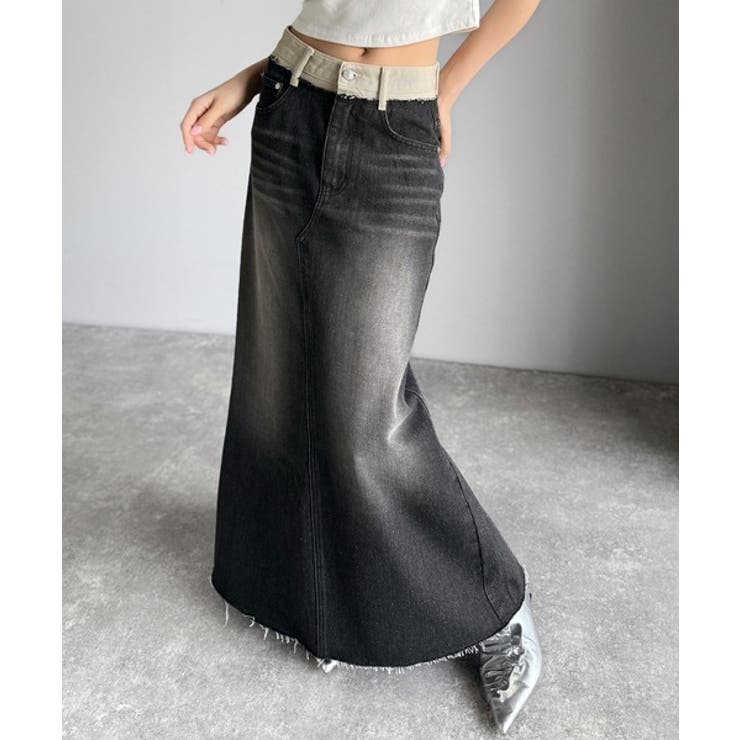 上品見えする大人のデニム。ウエスト異素材切り替え 裾カットオフ デニムスカート | Classical Elf  | 詳細画像7 