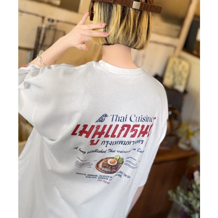 ホワイト | 《JaVaジャバコラボ》お洒落見え確定。綿100％タイ料理メニュー風プリントルー… | Classical Elf 