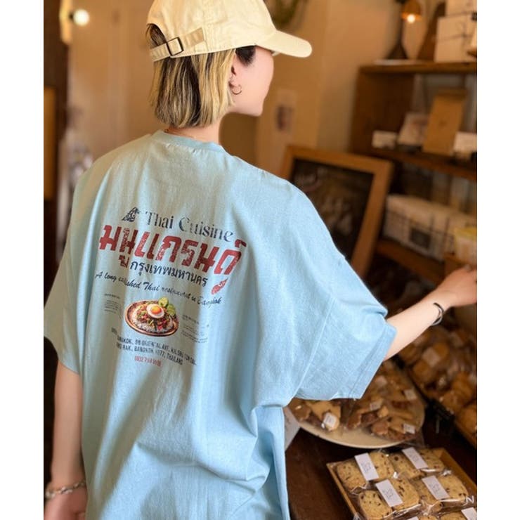 ブルー | 《JaVaジャバコラボ》お洒落見え確定。綿100％タイ料理メニュー風プリントルー… | Classical Elf 