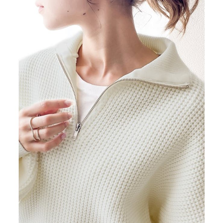 JaVaジャバ コラボ》マルチボーダー軽量ワッフルハーフジップニット