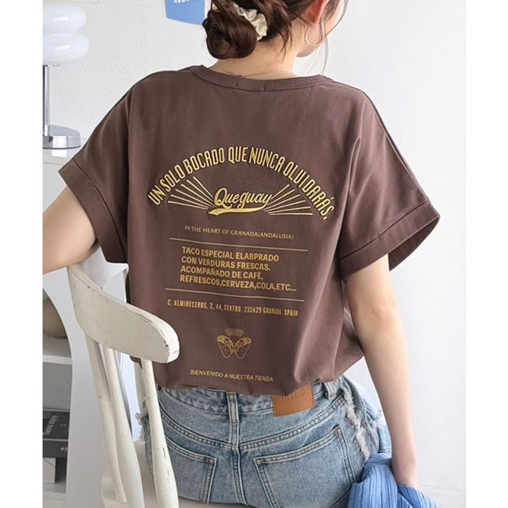 ブラウン | 《JaVaジャバコラボ》背中で魅せる。バック刺繍フレンチスリーブTシャツ（半袖） | Classical Elf 