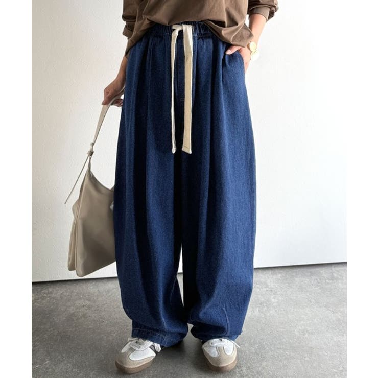 【貴重】アンドエルシー　&ellecy リボンボリュームパンツ　ネイビー 365日、着回し無限！ウエストドロスト付きコクーンデニムイージー