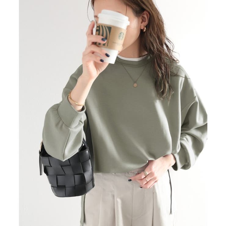 グリーン | 艶めく大人のスウェット。ダンボールニットサイドスリットプルオーバー | Classical Elf 