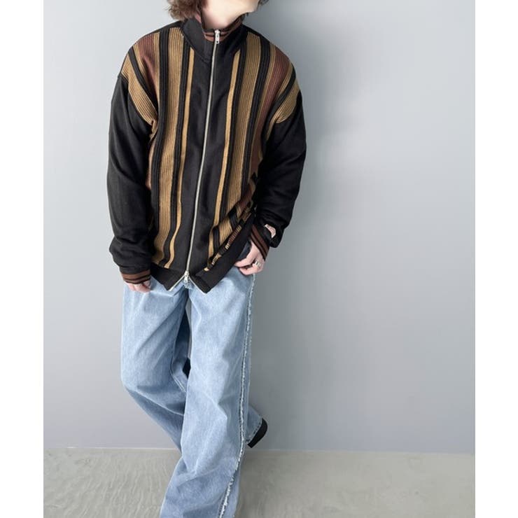 B. ファッション 多色ストライプジップアップカーディガン